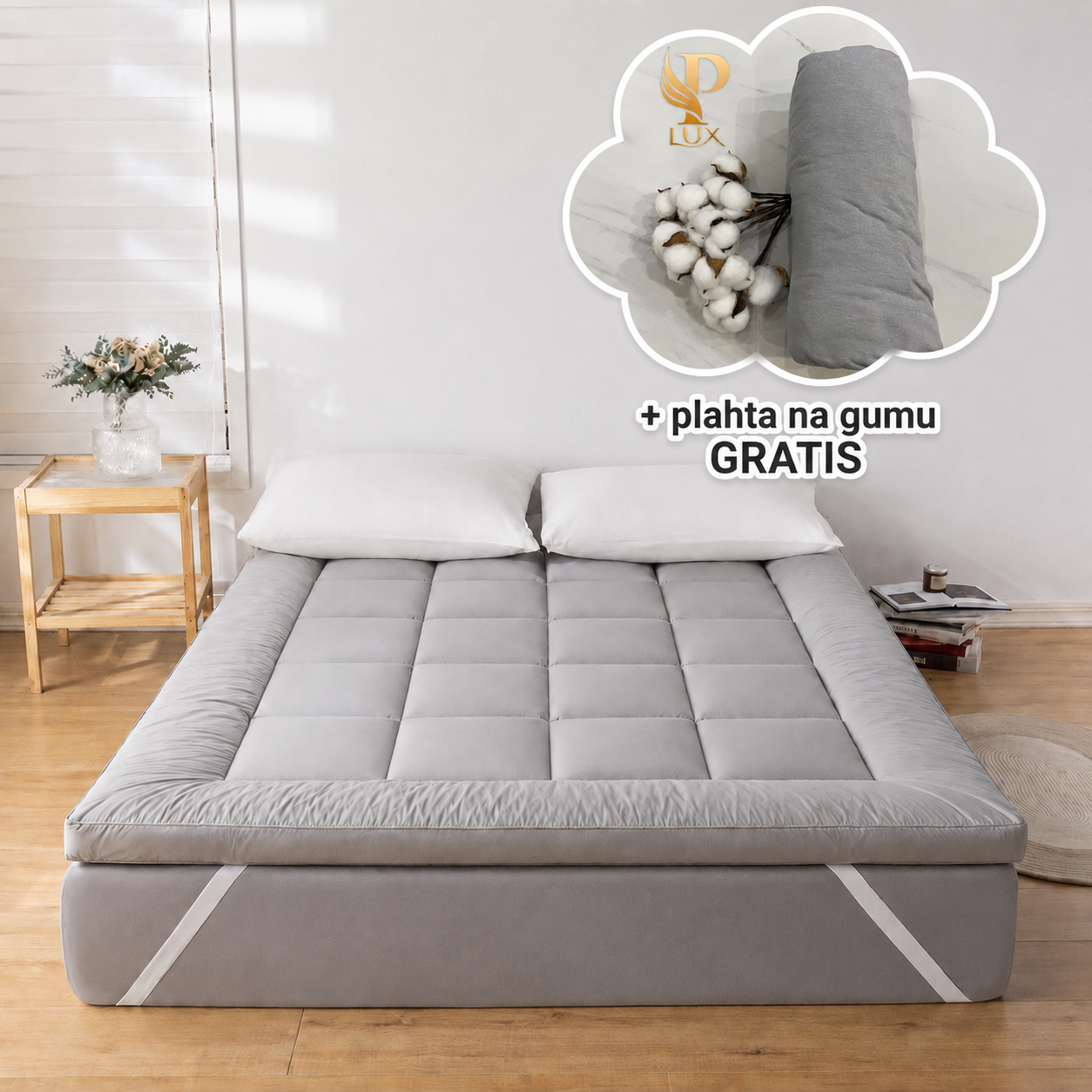 Nadmadrac 160x200 cm + pamučna plahta na gumu GRATIS - Siva boja